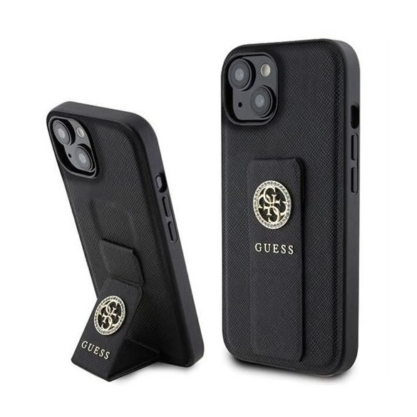 Guess GUHCP15SPGSSADK Grip Stand 4G Saffiano Strass tok iPhone 13 / 14 / 15 - fekete