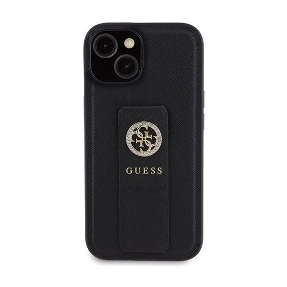 Guess GUHCP15SPGSSADK Grip Stand 4G Saffiano Strass tok iPhone 13 / 14 / 15 - fekete