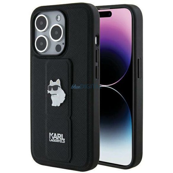 Eredeti előlap KARL LAGERFELD KLHCP14LGSACHPK iPhone 14 Pro (Gripstand Saffiano choupette PIN / fekete) tok