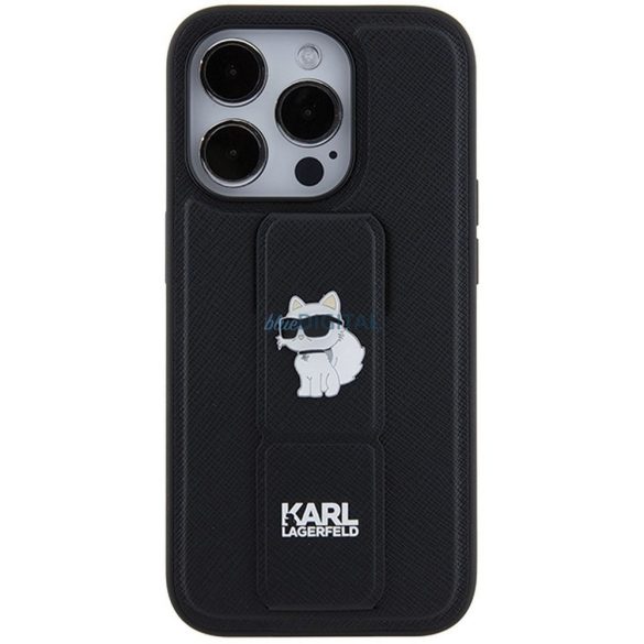 Eredeti előlap KARL LAGERFELD KLHCP14LGSACHPK iPhone 14 Pro (Gripstand Saffiano choupette PIN / fekete) tok