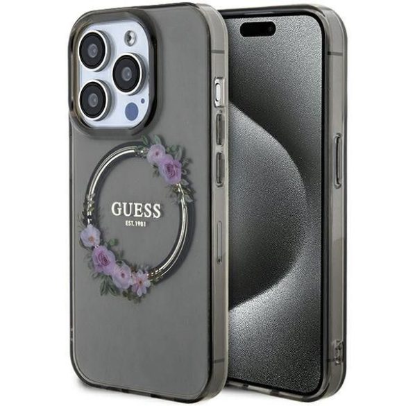 Eredeti tok GUESS GUHMP15LHFWFCK iPhone 15 Pro (Magsafe / Virágkoszorú / fekete)