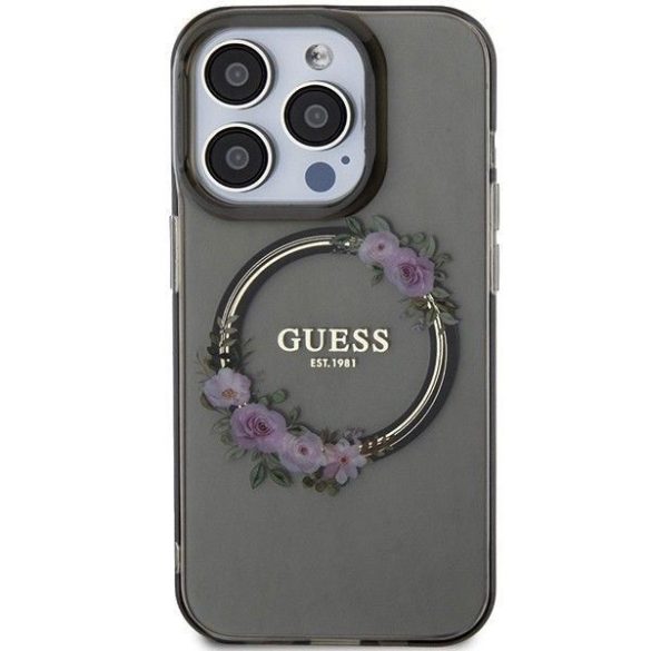 Eredeti tok GUESS GUHMP15LHFWFCK iPhone 15 Pro (Magsafe / Virágkoszorú / fekete)