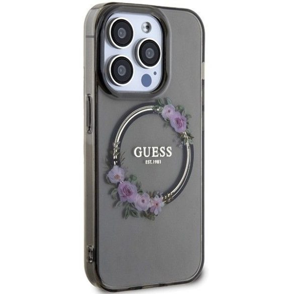 Eredeti tok GUESS GUHMP15LHFWFCK iPhone 15 Pro (Magsafe / Virágkoszorú / fekete)