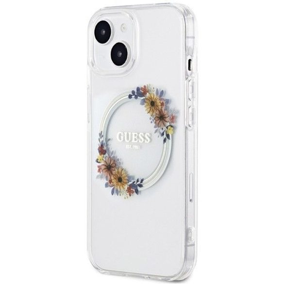 Eredeti tok GUESS GUHMP15SHFWFCT iPhone 15 (Magsafe / Virágkoszorú / átlátszó)