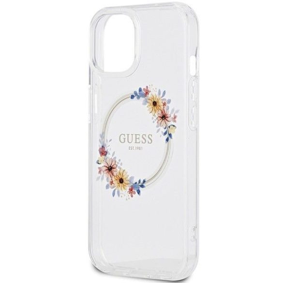 Eredeti tok GUESS GUHMP15SHFWFCT iPhone 15 (Magsafe / Virágkoszorú / átlátszó)