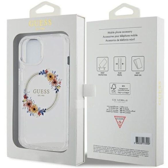 Eredeti tok GUESS GUHMP15SHFWFCT iPhone 15 (Magsafe / Virágkoszorú / átlátszó)