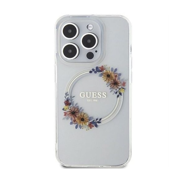 Eredeti tok GUESS GUHMP15LHFWFCT iPhone 15 Pro (Magsafe / Virágkoszorú / átlátszó)