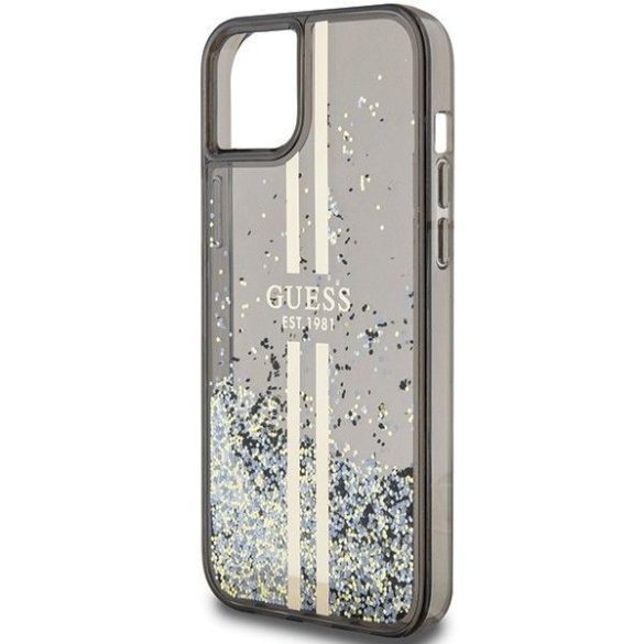 Eredeti tok GUESS GUHCP15SLFCSEGK iPhone 15 (folyékony Glitter arany Stripes / fekete)