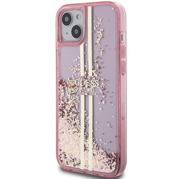 Eredeti tok GUESS GUHCP15SLFCSEGP iPhone 15 (folyékony Glitter arany Stripes / rózsaszín)