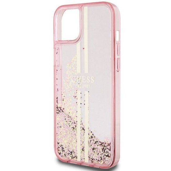 Eredeti tok GUESS GUHCP15SLFCSEGP iPhone 15 (folyékony Glitter arany Stripes / rózsaszín)