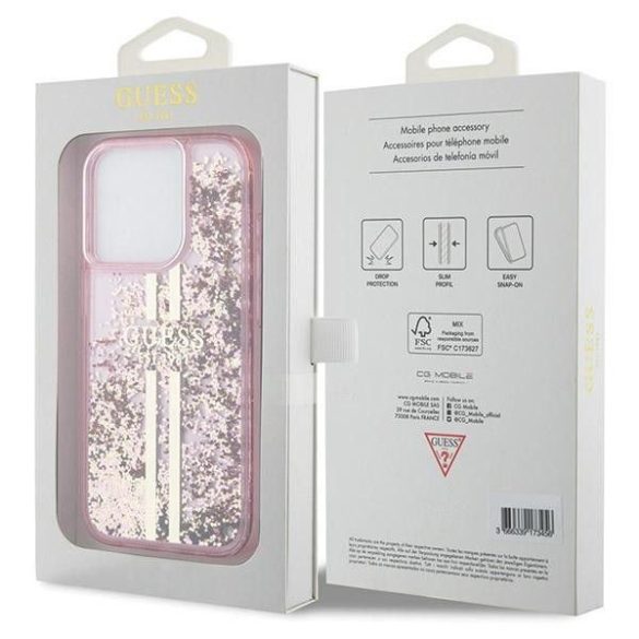 Eredeti tok GUESS GUHCP15LLFCSEGP iPhone 15 Pro (folyékony Glitter arany Stripes / rózsaszín)