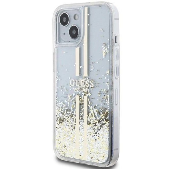 Eredeti tok GUESS GUHCP15SLFCSEGT iPhone 15 (folyékony Glitter arany Stripes / átlátszó)