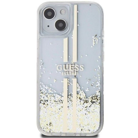 Eredeti tok GUESS GUHCP15SLFCSEGT iPhone 15 (folyékony Glitter arany Stripes / átlátszó)