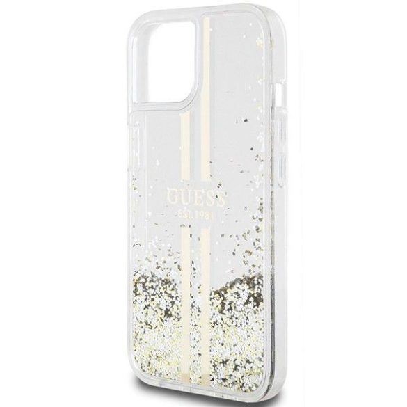 Eredeti tok GUESS GUHCP15SLFCSEGT iPhone 15 (folyékony Glitter arany Stripes / átlátszó)