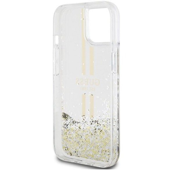 Eredeti tok GUESS GUHCP15SLFCSEGT iPhone 15 (folyékony Glitter arany Stripes / átlátszó)