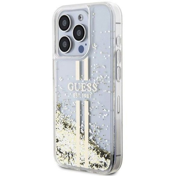 Eredeti tok GUESS GUHCP15LLFCSEGT iPhone 15 Pro (folyékony Glitter arany Stripes / átlátszó)