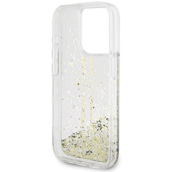 Eredeti tok GUESS GUHCP15XLFCSEGT iPhone 15 Pro Max (folyékony Glitter arany Stripes / átlátszó)