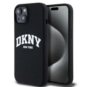 DKNY DKHMP14SSNYACH Liquid Silicone White Printed Logo MagSafe-kompatibilis tok iPhone 14 / 15 / 13 - fekete