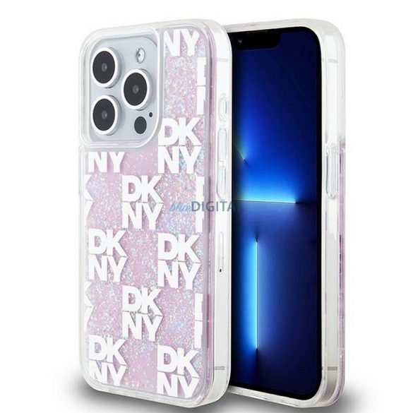 DKNY DKHCP15LLCPEPP Liquid Glitters W/Checkered Pattern tok iPhone 15 Pro - rózsaszínű
