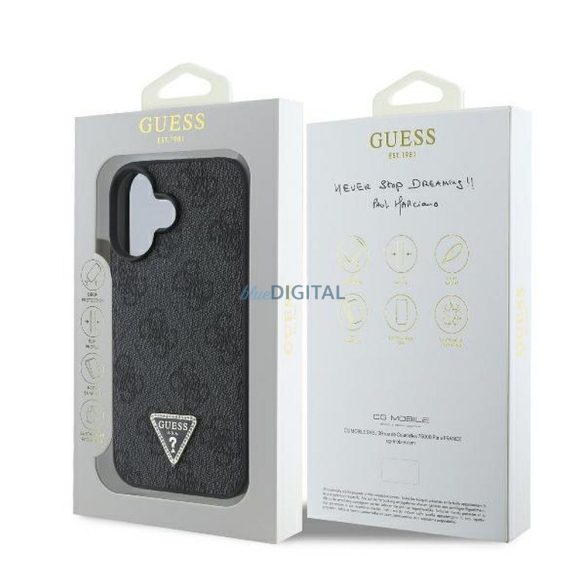 Guess GUHCP16SP4TDPK PU Leather 4G Triangle Strass tok iPhone 16 - fekete