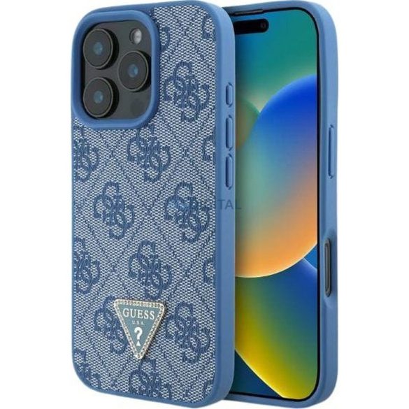 Guess GUHCP16SP4TDPB PU Leather 4G Triangle Strass tok iPhone 16 - kék