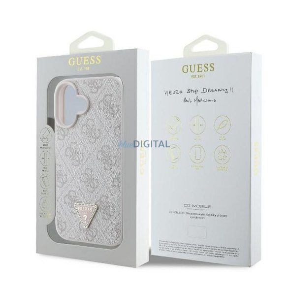 Guess GUHCP16SP4TDPP PU Leather 4G Triangle Strass tok iPhone 16 - rózsaszín