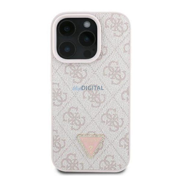 Guess GUHCP16LP4TDPP PU Leather 4G Triangle Strass tok iPhone 16 Pro - rózsaszín