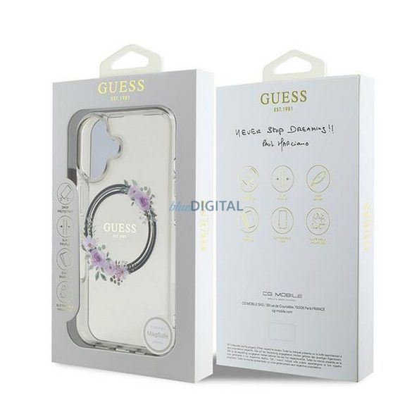 Guess GUHMP16SHFWFCK IML Flowers Wreath MagSafe-kompatibilis tok iPhone 16 - szürke átlátszó