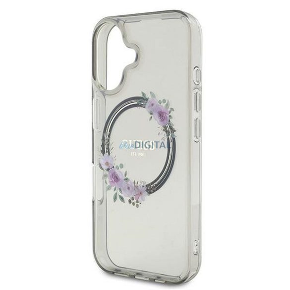 Guess GUHMP16SHFWFCK IML Flowers Wreath MagSafe-kompatibilis tok iPhone 16 - szürke átlátszó