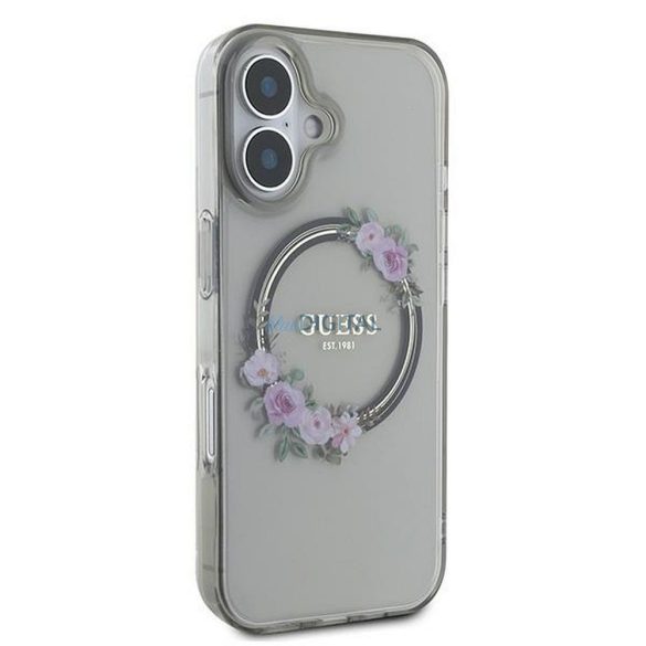 Guess GUHMP16SHFWFCK IML Flowers Wreath MagSafe-kompatibilis tok iPhone 16 - szürke átlátszó