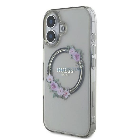 Guess GUHMP16SHFWFCK IML Flowers Wreath MagSafe-kompatibilis tok iPhone 16 - szürke átlátszó