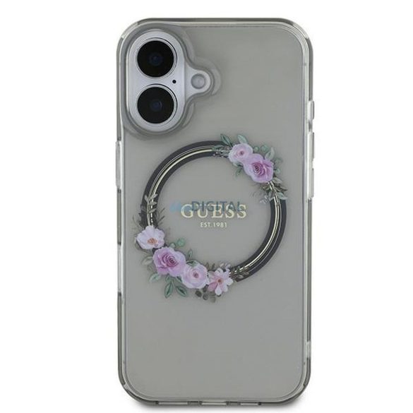 Guess GUHMP16SHFWFCK IML Flowers Wreath MagSafe-kompatibilis tok iPhone 16 - szürke átlátszó