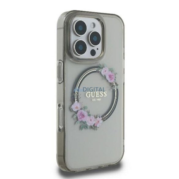 Guess GUHMP16LHFWFCK IML Flowers Wreath MagSafe-kompatibilis tok iPhone 16 Pro - szürke átlátszó