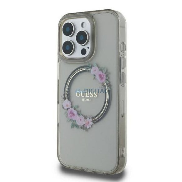 Guess GUHMP16LHFWFCK IML Flowers Wreath MagSafe-kompatibilis tok iPhone 16 Pro - szürke átlátszó