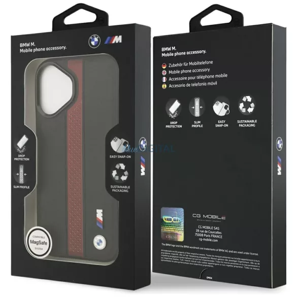 BMW tok az IPHONE 17-hez, kompatibilis a MagSafe BMHMP17S25PCPSKR (PU Perfotated Stripe Logo) piros