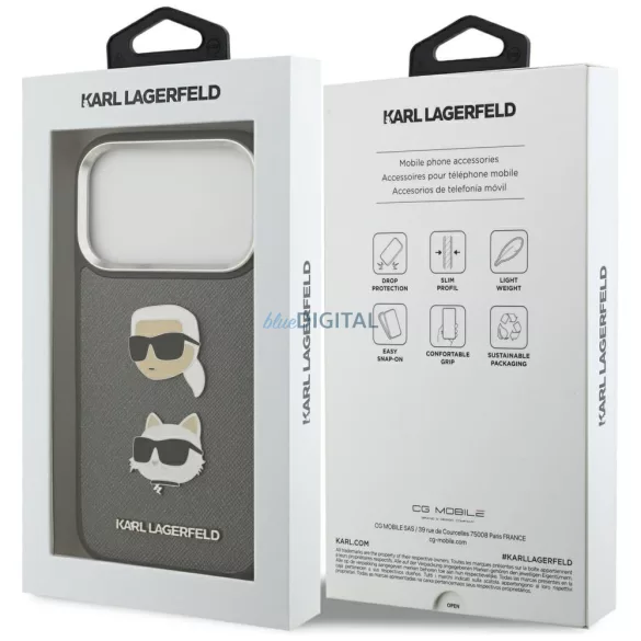 KARL LAGERFELD tok IPHONE 17 Pro KLHCP17LPSFDHPOG (FW szemcsés PU W/ K&C Heads Pin & Logo) szürke
