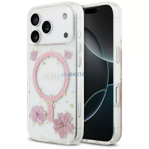 GUESS tok IPHONE 17 Pro kompatibilis MagSafe GUHMP17LRBFGFGMP (gyanta virágok és csillogás) rózsaszínű