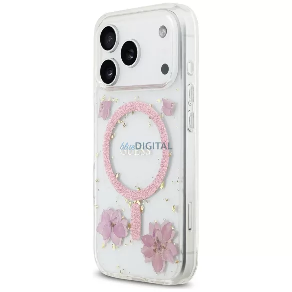 GUESS tok IPHONE 17 Pro kompatibilis MagSafe GUHMP17LRBFGFGMP (gyanta virágok és csillogás) rózsaszínű