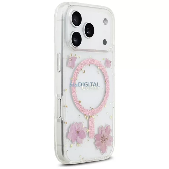 GUESS tok IPHONE 17 Pro kompatibilis MagSafe GUHMP17LRBFGFGMP (gyanta virágok és csillogás) rózsaszínű