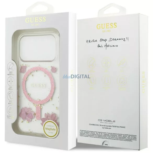 GUESS tok IPHONE 17 Pro kompatibilis MagSafe GUHMP17LRBFGFGMP (gyanta virágok és csillogás) rózsaszínű
