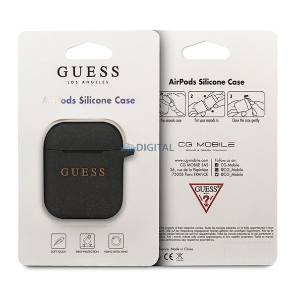 Guess GUACCSILGLBK Silicone Glitter tok AirPods 1/2 - fekete