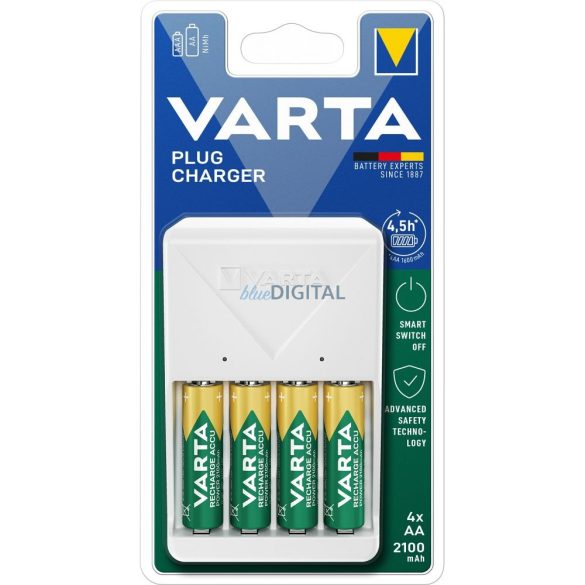 VARTA PLUG elemtöltő AA/AAA elemek töltésére 4db AA újratölthető elemmel (2100 mAh)