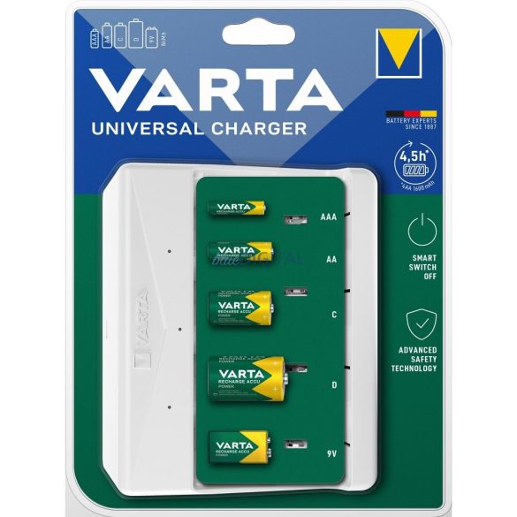 VARTA UNIVERSAL elemtöltő AAA/A/C/D/ 9V elemek töltésére (elemek nélkül) - fehér