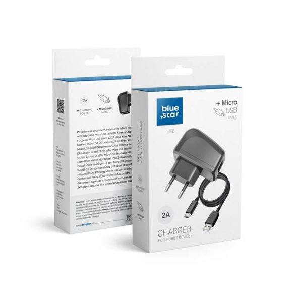 Töltő Micro USB Universal 2A külön kábellel Blue Star Lite