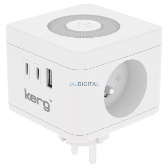 KERG Smart 2-aljzatos elosztókocka + USB-A + USB-C töltő + LED lámpa 16A/250V~ - fehér
