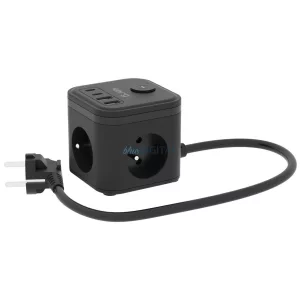 KERG Smart 3-aljzatos elosztókocka + USB-A+USB-C gyorstöltő 1,5m 3×1,5mm2 H05VV-F 16A/250V~ - fekete