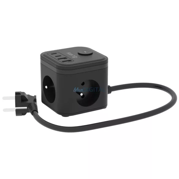 KERG Smart 3-aljzatos elosztókocka + USB-A+USB-C gyorstöltő 1,5m 3×1,5mm2 H05VV-F 16A/250V~ - fekete