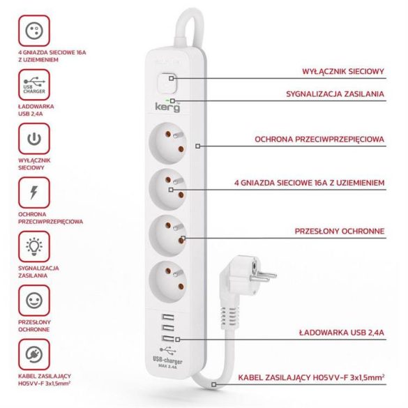 Power strip 4 aljzat + 3xUSB A 3 méter 3×1.5mm² H05VV-F 16A/250V~M02414