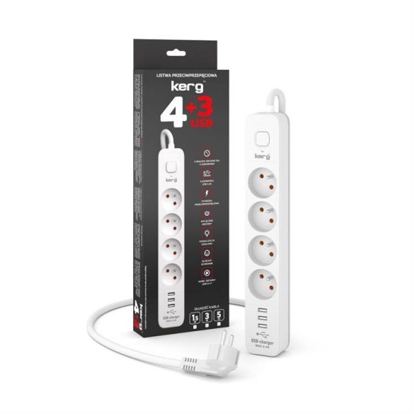 Power strip 4 aljzat + 3xUSB A 3 méter 3×1.5mm² H05VV-F 16A/250V~M02414