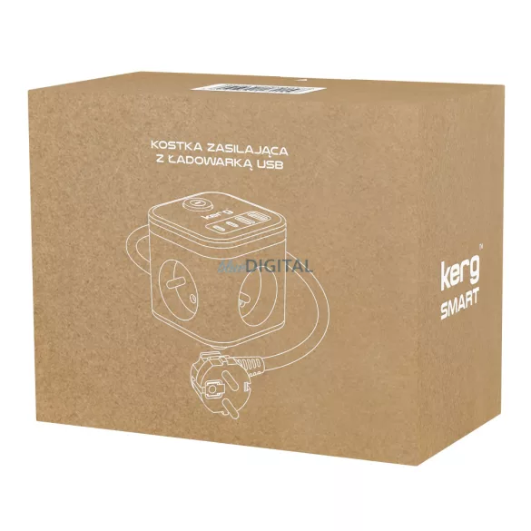 KERG Smart 3-aljzatos elosztókocka + USB-A+USB-C töltő 1,5m 3×1,5mm2 H05VV-F 16A/250V~ - fehér